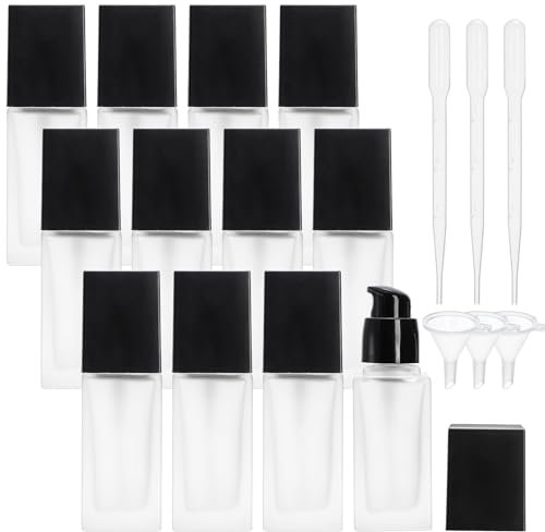 Bekith 12 Pack 1oz/30ml Empty Foundation Bottle, Frosted Glass Pump Bottles for Lotion Liquid Cream, Foundation Sample Bottle Cosmetic Travel Container with 3pcs Funnels and 3pcs Droppers