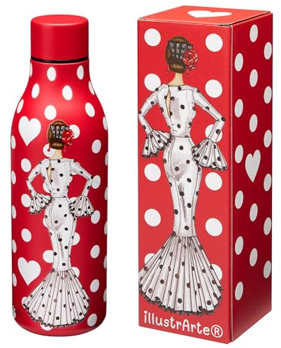 IllustrArte Botella Térmica de 500ml - Acero Inoxidable Doble Pared, Aislamiento al Vacío, Libre de BPA, Resistente a Arañazos y Condensación - Diseño Flamenca María blanco fondo rojo