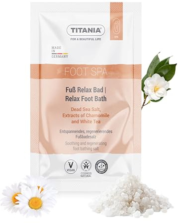 TITANIA Fußbadesalz mit Kamille & Weißem Tee für entspannte Füße 10er Pack | Beruhigendes Fußbad mit Kamille & Weißem Tee, vegan, COSMOS Natural, ohne Mikroplastik, Made in Germany