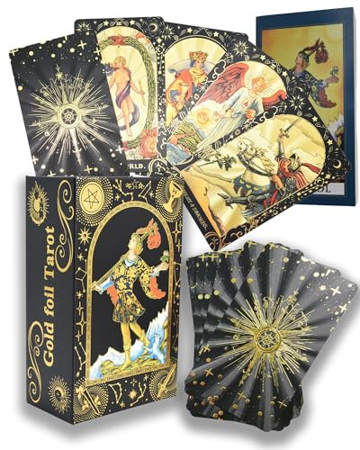 YIMINGOUFEI Baraja de Cartas de Tarot de lámina Dorada, 78 Cartas con Libro guía, diseño Impermeable de PVC, Negro y Dorado
