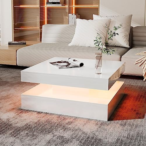 KEEPREAPER Modern White LED Coffee Table with 16 Lights & 2-Tier Storage - Square Living Room Table, Ambient Lighting Contemporary Furniture