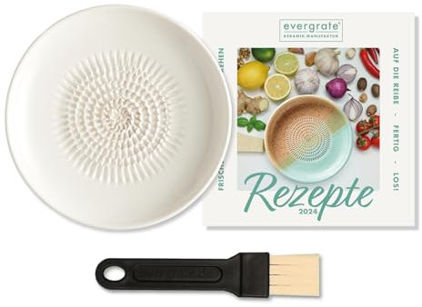 evergrate Keramikreibe im Motiv Cremeweiß mit Küchenpinsel und Rezeptheft