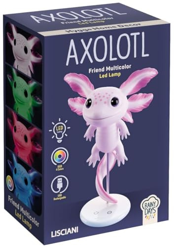 Lisciani - RAINY DAYS - LED-Lampe Axolotl Mehrfarbig Ab 12 Jahren - RGB-Nachtlicht Einstellbare Intensität - USB Typ C aufladbar - Kabellose Beleuchtung - Dekoration für das Jugendzimmer -