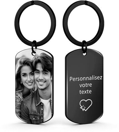 AAQ Porte clef personnalisable - porte-clés personnalisables photo, personnalisable recto verso texte porte cle photo, cadeau personnalisé pour femme homme famille (Gravure noire-rectangulaire)