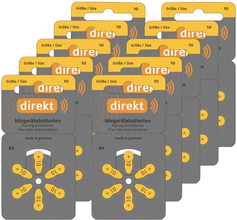 DIREKT Hörgerätebatterien Typ 10 Gelb - Zink-Luft Batterien für Hörgeräte - PR70 P10 ZL4-1,45 V - Made in Germany - 60 Stück im Sparpack