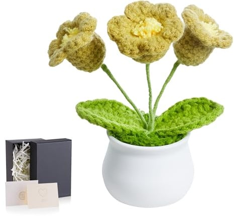 LAIDANLA Fiori all'uncinetto piante in vaso verdi piccoli fiori fatti a mano a maglia giglio della valle per accessori da scrivania, apprezzamento laurea regalo di compleanno per donne