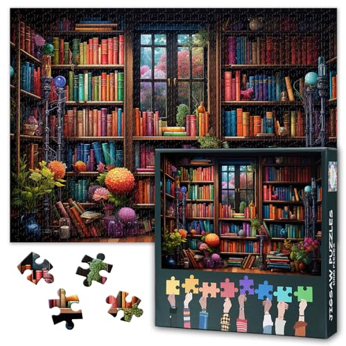 Puzzles für Erwachsene - Bibliothek Puzzles 1000 Teile, Bunte Bücher Kunst schwer schwierig herausfordernde Familie Puzzle (70 x 50 cm), einzigartige Home Decor & (Fantasy Bücherregal)