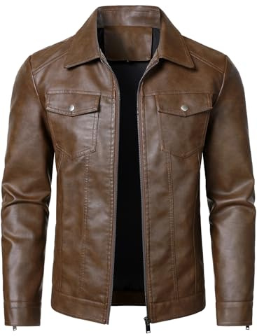 HOOD CREW Chaqueta de cuero para hombre, chaquetas de motociclista para ciclistas, ropa exterior casual ligera de cuero sintético, Marrón oscuro, Large