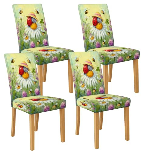 Ladybug Stuhlhussen mit Blumenmuster für Esszimmerstühle, dehnbar und waschbar, Spandex-Sitzschoner, niedliche dekorative Schonbezüge für Frühling, Küche, Esszimmer, 4 Stück