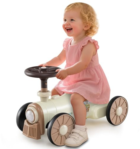 GOPLUS Rutschauto für Kinder, Rutschfahrzeug mit Lenkrad, Zuggeräusche & Stauraum unter dem Sitz, Kinderauto mit 4 robusten Rädern, Spielzeug zum Fahren für Kleinkinder von 19-36 Monaten (Beige)