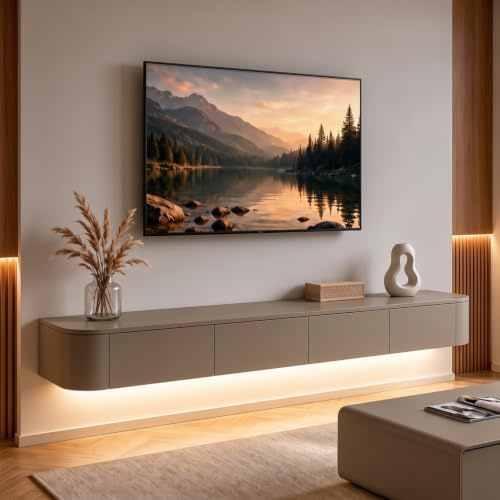 Ribanedy Modern Floating TV Unit with LED Lighting | Wall-Mounted Entertainment Media Console | Large Storage TV Bench for Living Room & Office (Khaki, 240 cm)