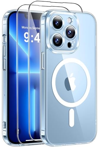 Qasyfanc for iPhone 13 Pro Case, Compatible with MagSafe, Clear | Anti-Yellowing, 2 Tempered Glass Screen Protector, Full Camera Protection, Scratch Resistant, Shockproof Protection