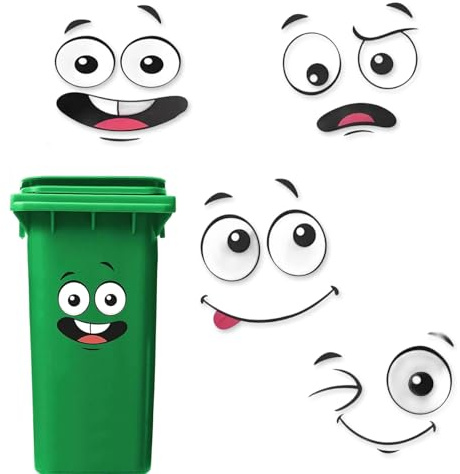 LinCoo Wheelie Bin Stickers, 8 Pcs Funny Bin Stickers for Wheelie Bins, Large Self-Adhesive Cartoon Expressions Decals for Dustbins Trash Cans