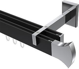 Interdeco kantige Innenlaufstangen/Gardinenstangen eckig Schwarz/Chrom 2-läufig Typ 10213022, 240 cm