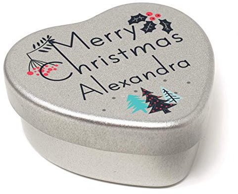 The Plum Penguin Personalised Merry Christmas Name Heart Shaped Mini Tin Xmas Personalised Name Chic Christmas Trees filled with mini chocolates