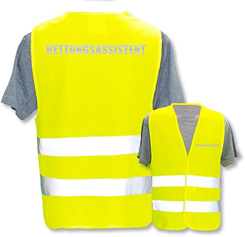 Bedruckte Marken-Warnwesten mit Leuchtstreifen * Standard- o. Reflex-Druck * Einsatzkräfte, Warnweste Begriffe Einsatzkräfte:Rettungsassistent (Reflektierend), Farbe + Größe:Gelb (M/L)