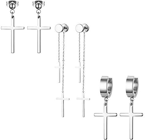Aroncent Ohrringe Set Kreuz Ohrstecker Kruzifix Kette Huggie Ohrhänger Gotik Punk Rock Edelstahl Herren Damen
