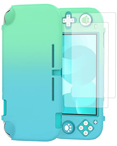 TiMOVO Étui Compatible avec Switch Lite, Coque de Protection PC Antichoc Ensemble d'accessoires avec 2 Protecteur d'Écran en Verre Trempé & 4 Capuchons de Joystick - Bleu + Vert