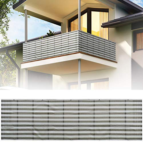 Balkon Sichtschutz Balkonverkleidung UV-Schutz 90X500cm/90X2500cm Balkonumspannungen Balkon Sichtschutz Rechteck (HDPE) Windschutz Sonnenschutz, Grau-Weiß Gestreift,0.9x25m