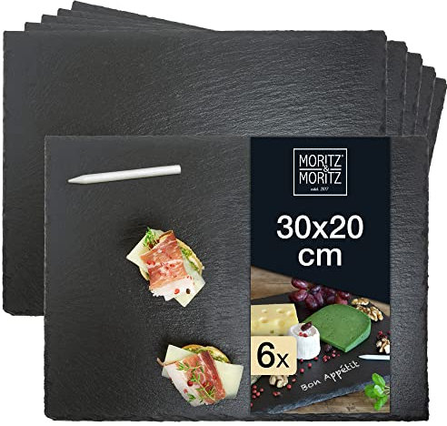 Moritz & Moritz 6 Bandeja Pizarra - Platos para Servir de 30x20cm con Rotulador de Tiza - Perfecto para Buffet, Sushi y Queso - Decoración y Presentación