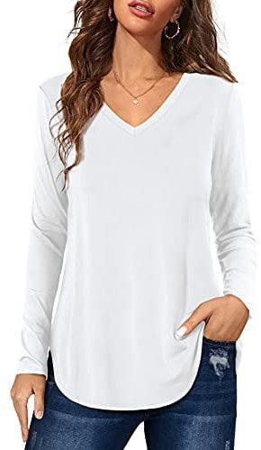 Florboom Womens T Shirts Casual Long Sleeve V Neck Basic Tops Longline Plain Tunic Shirts White Size 12 14