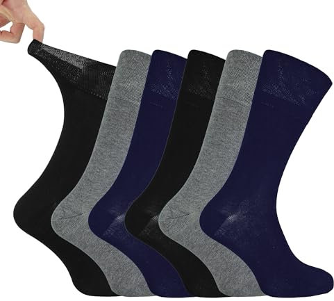IOMI Footnurse - Mens 6 Pairs Cotton Non Elastic Diabetic Socks With Honeycomb Top (12-14, Black/Navy/Grey)