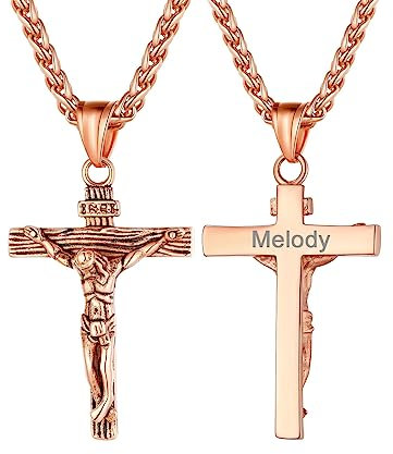 U7 Kreuz Anhänger für Herren Halskette Rosegold vergoldet INRI Kruzifix Jesus Christus mit 50+5cm Kette Personalisierte Name Vorname Gravur Modeschmuck Accessoire für Männer