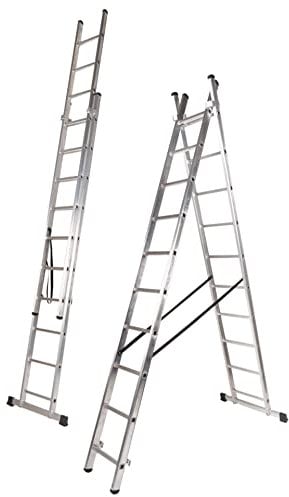 VITO 2-teilige Alu-Kombileiter 2,0 m, Anlegeleiter 3,3 m, Schiebeleiter 2X 7 rutschfeste 4-eckige Sprossen belastbar bis 150 kg, Aluleiter VIEDQ2 Made in Europe, Leiter EN131 rostfrei, Alu-Silber