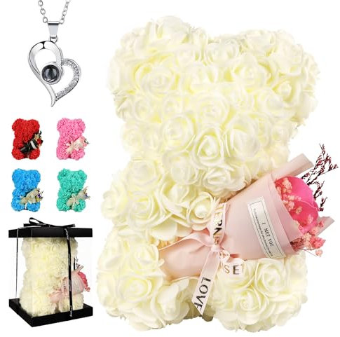 POHOMEGK Orso rosa Orsacchiotto rosa, orsetto di peluche a con fiori, ideale come regalo per San Valentino, Festa della Mamma, regalo di compleanno, cerimonie nuziali (bianco)