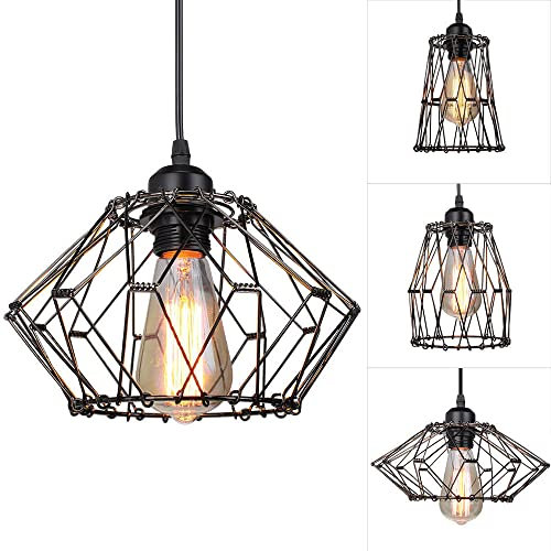 Mengjay Deckenpendelleuchte Verformbares geometrisches Kabel Verstellbarer Metallkäfig Retro Pendelleuchte Hängeleuchte Käfig Deckenlampe Antike Cage E27 Kronleuchter Deckenbeleuchtung (Schwarz)