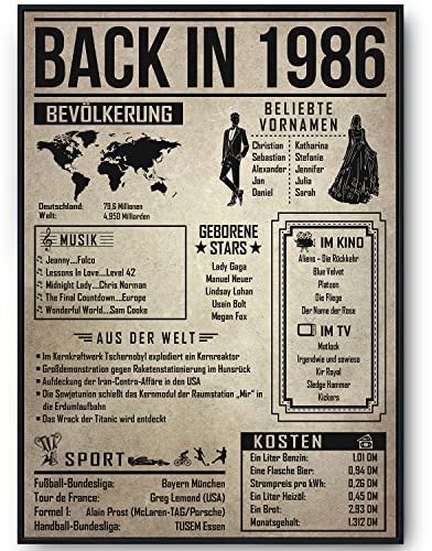 Tigerlino® 40. Geburtstag Geschenkidee personalisierbar | Poster Jahrgang 1986 Geschenk für Männer Frauen 40 Jahre Geburtstagskarte | Back in 1986 Rückblick Zeitreise Geburtstagsgeschenk