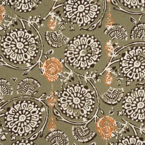 SCHÖNER LEBEN. Baumwollstoff Webware Jivana Blumen Ornamente khakigrün 1,47m Breite