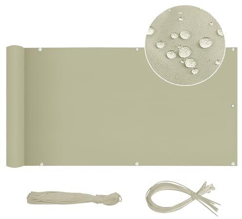 Sekey Balkon Sichtschutz Balkonabdeckung Oxford 80 x 600cm Balkonsichtschutz Balkonverkleidung Blickdicht Wasserdicht Windschutz, mit Ösen, Nylon Kabelbinder und Kordel, Taupe