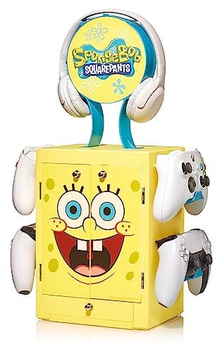 Numskull Official Spongebob Gaming Accessory Locker & Storage Stand – Holds 10 Games/DVDs, 4 Controllers, Headset, and Accessories – Durable & Compact Organizer – Official Spongebob Merchandise