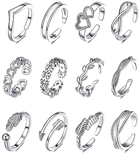 IUDWCG - 12 Pcs Edelstahl-Legierung Knöchel Ring Damen hypoallergen einstellbar Ring offenen Zehen Schwanz Blume Ring Finger Set Schmuck Fuß Ring