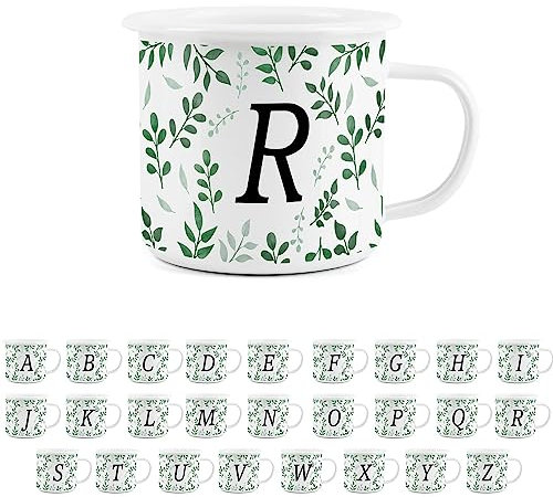 Foliage Letter R Mug -White Initial Personalised Alphabet Novelty Durable Hot Drinks Outdoor Cup for Travel Picnics Home Hiking