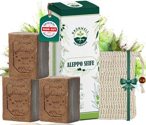 Grünwell Naturoase Aleppo Seife original 60% Olivenöl 40% Lorbeeröl ca. 600 gr| Olivenölseife Natürliche Pflege für Gesicht und Körper | Haarseife olivenöl seife | aleppo soap | original aleppo seife