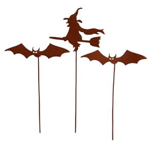 UNUS Hexe mit Fledermäusen Gartenstecker 3er Set, Gartendeko Rostoptik, Roststecker aus Edelrost Metall, Rost Deko für Garten Terrasse Balkon Blumentopf