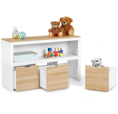 IDMarket - Aufbewahrungsschrank für Kinder Mana aus weißem Holz und Buche, 3 Schubladen, Würfel auf Rollen