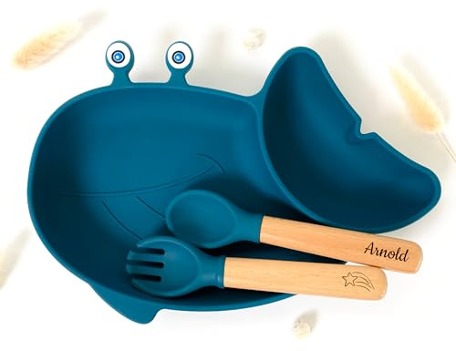 Set repas assiette ventouse + couverts pour enfant personnalisé | Cadeau de Bapteme naissance | Cadeau enfant et bébé | Kit Coffret Diner (Bleu marine)
