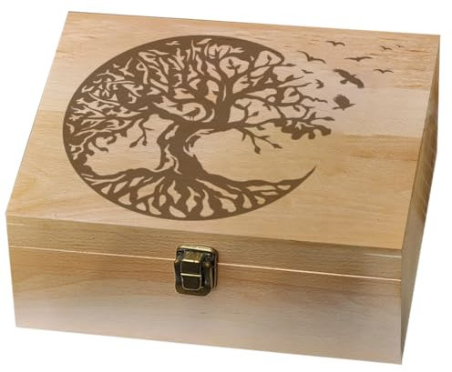 arricraft 1 Pcs Wooden Memory Keepsake Boxes, 24.5x19.5x10.3cm Tree of life and Bird Box with Lids Raven Storage Decorative Box for Holding Scary and Interesting Memory