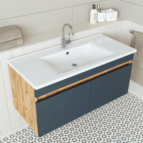 ROOMART • Badmöbel Set • Atria • 65 cm, 85 cm, 100 cm • Weiß • Waschbecken mit Unterschrank (Anthrazit Eiche, 100 cm)