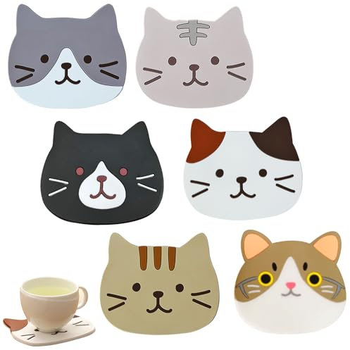 TSHAOUN 6 Stück Katze Untersetzer Silikon Süßen Cartoon-Katzen Getränkeuntersetzer, Dekorative Glasuntersetzer, Tischuntersetzer Untersetzer Gläser für Getränke, Tassen, Bar, Glas