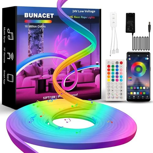 BUNACET RGB+IC Néon Ruban LED 16M 24V, Bande LED Dimmable Flexible, IP65 Etanche Avec Contrôle APP, Télécommande, Puissance, Multicolore Pour Extérieur/Intérieur, 2×8M