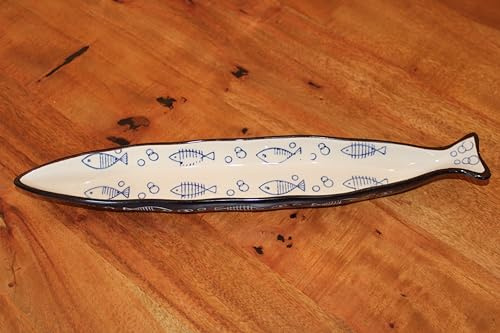 Miljögarden Olivenschale Ocean, lange Schale aus Stoneware in Fischform, Blau/Creme, 35 x 6 cm, H 3 cm