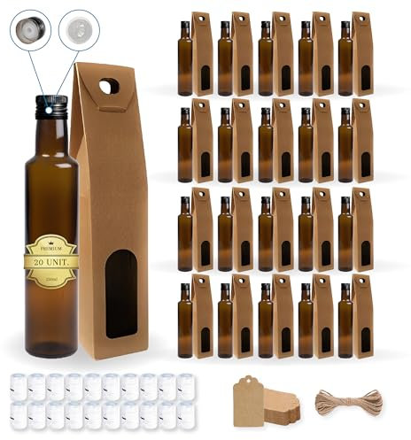 20 Bouteilles en Verre Foncé 250ml avec Bouchon a Vis Noir avec Bec Verseur + 20 Boîtes + 20 Sceaux + 20 Étiquettes Kraft + Ficelle | Huile d'Olive, Vinaigre, Alcool | Huilier