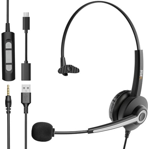 Wantek Cuffie Mono con microfono per cancellazione del rumore, USB/Tipo C/3,5 mm jack 3 in 1 Cuffie con Filo PC, controllo del volume per Call Center, Skype, Zoom, Home Office, corsi online
