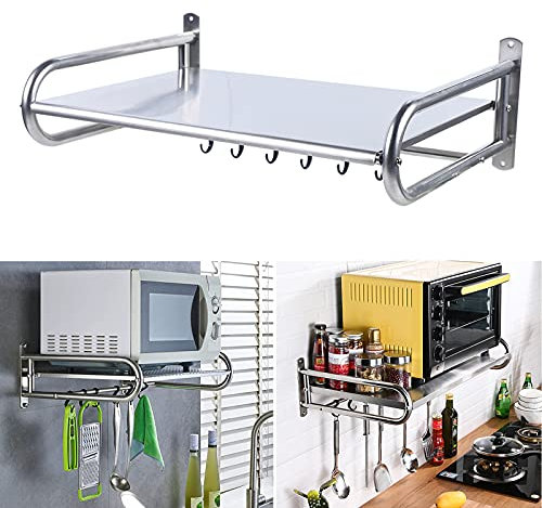 KüChenregal Mikrowellenhalter Wandbefestigung Microwelle Halterung Mikrowellen Wandhalter Ablage Halter Mikrowelle Bad BüRo Regal Rostfreier Stahl Rechteckig Silber Mit 6 HäKchen Bis 30Kg