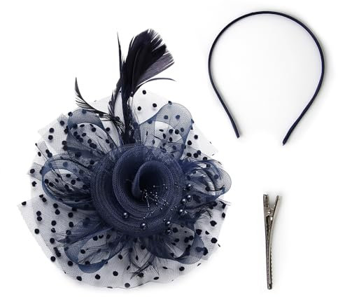KSBBHDS 1 Stück Federkopfschmuck, Damen-Netzhut, Haarband-Stirnband, Hochzeitszubehör, Feder-Stirnband-Hut, Party-Hochzeitszubehör (Marineblau)