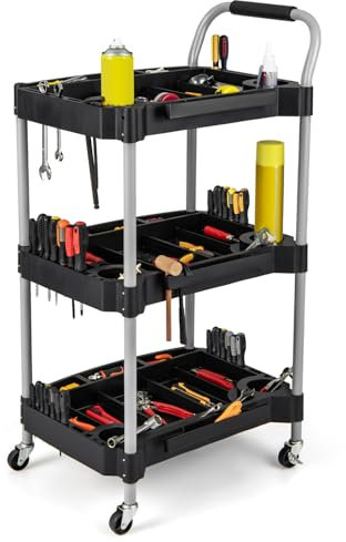 GYMAX Rollwagen, Werkzeugwagen mit 3 Ebenen, Werkstattwagen mit Griff, Werkzeugschlitzen & Universalrädern, robuster Aufbewahrungswagen für Garage & Werkstatt